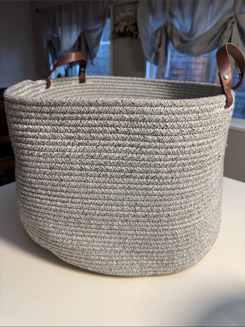 Gray Woven Rope Storage Basket with Brown Leather Handles